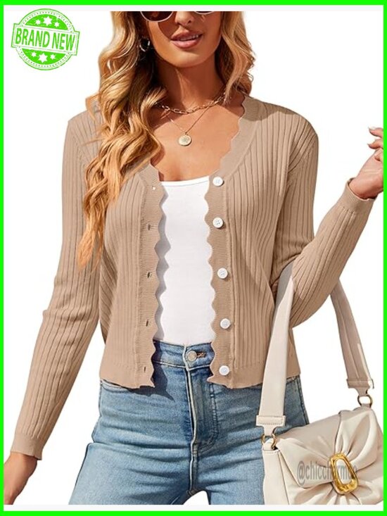 Sweaters - Cropped V-Neck Cardigan Knit Shrug Long Sleeve Button Down Sweater